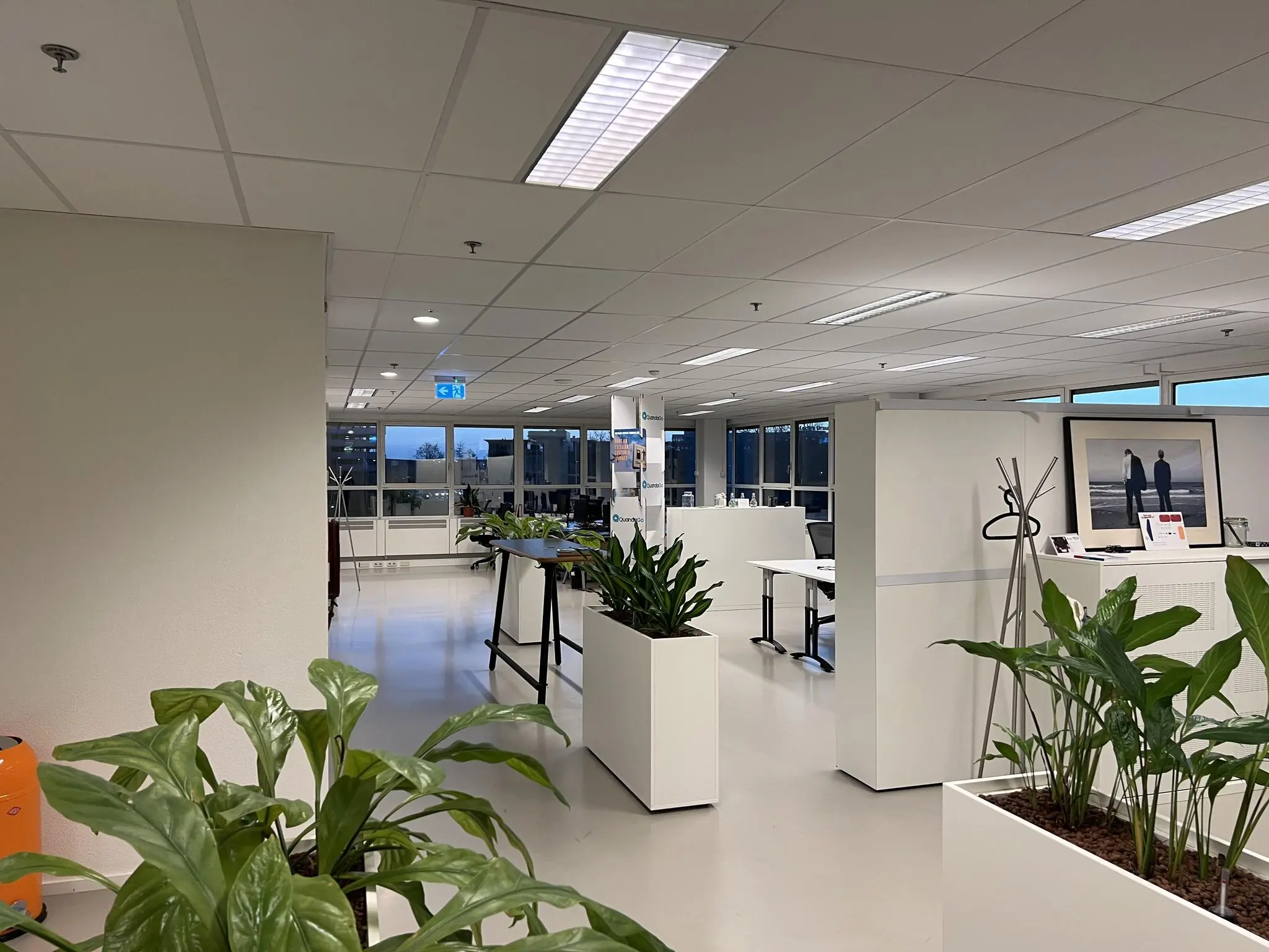Moderne, open kantoorruimte in het Rivium Quadrant met witte bureaus, grote plantenbakken en veel natuurlijk licht.